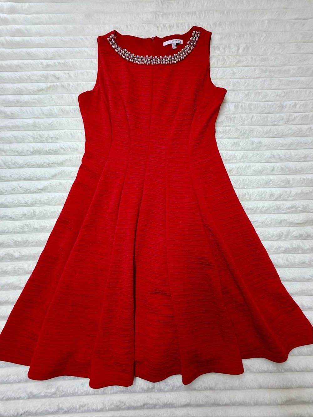 Studio One Red Sleeveless Fit-and-Flare Dress with Beaded Neckline